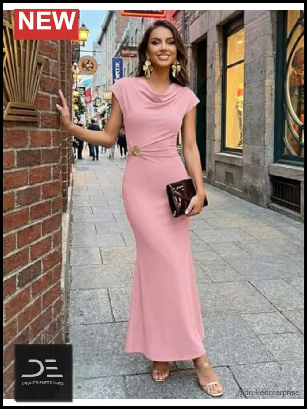 Cowl Neck Cap Sleeve Ruched Bodycon Midi Dress - Elegant Wedding Guest Cocktail